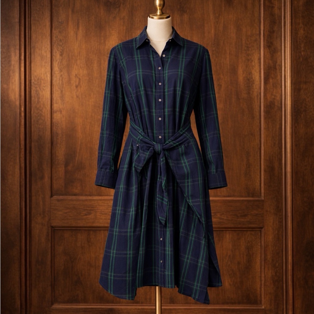 UNTUCKit Navy and Green Plaid Long Sleeve Dress